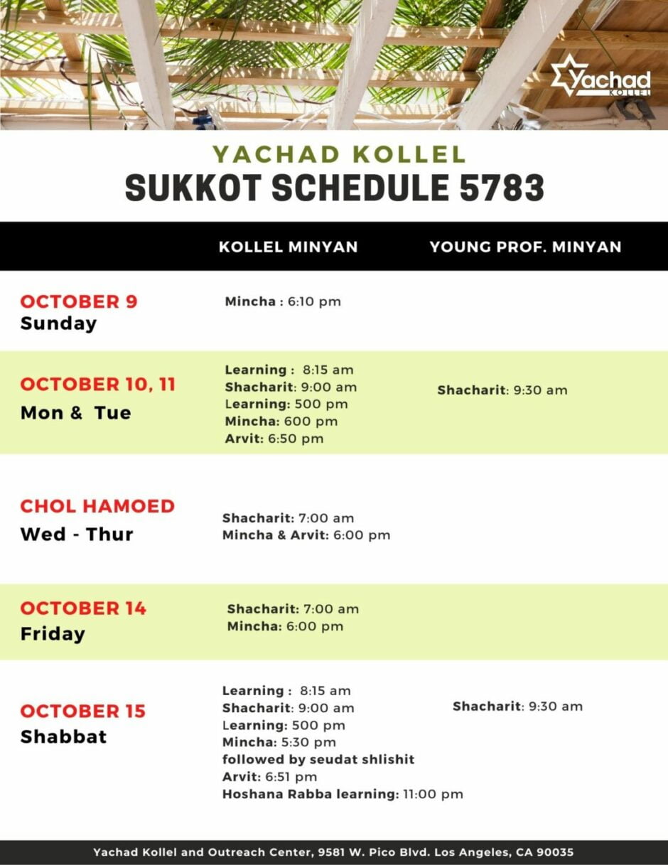 Sukkot, Shemini Atzeret / Simchat Torah Schedule Yachad Kollel